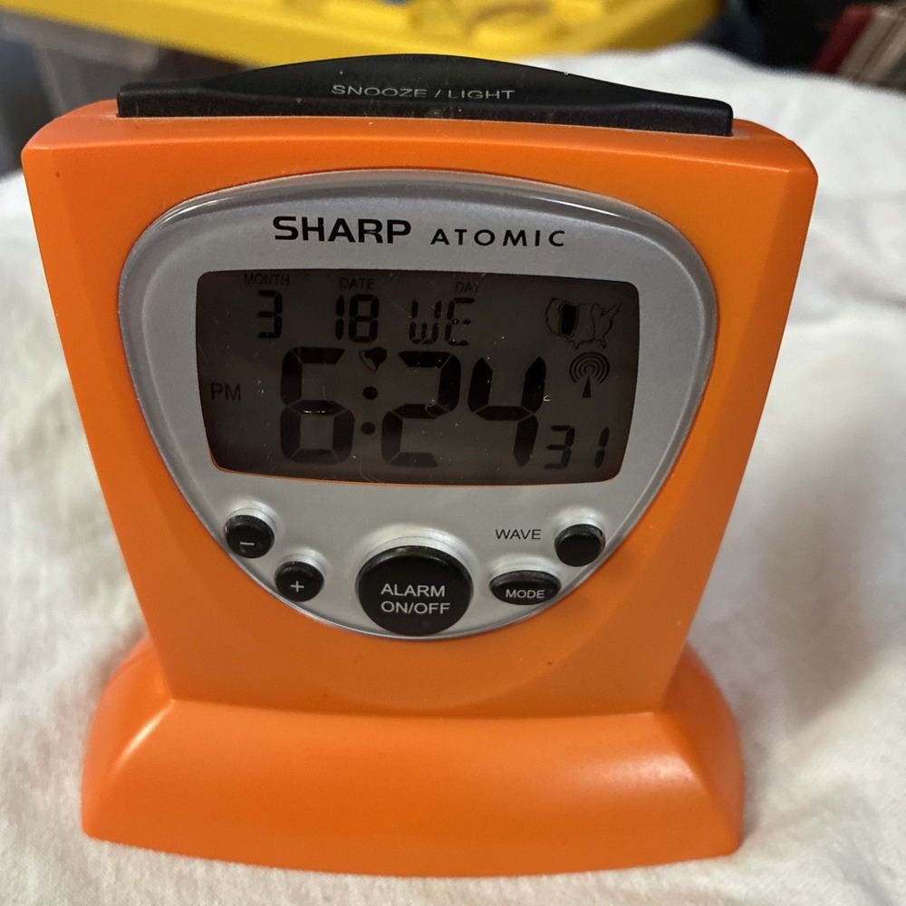Sharp Atomic Digital Travel Alarm Clock Orange Automatic World Time Anywhere AAA